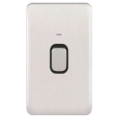 Image of Schneider Electric Lisse Screwless Deco Double 1 Way Light Switch, with Neon Indicator, Pole, 50A, GGBL4021BSS, Stainless Steel Black Insert