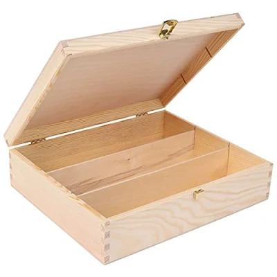 Image of Creative Deco Unpainted Wooden Wine Box with Clasp 3 Bottles 35x30x10cm Natural Wood Holder Bottle Gift Christmas Xmas Storage Chest Presentation