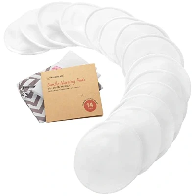 Image of Organic Bamboo Nursing Breast Pads 14 Washable + Wash Bag Breastfeeding Nipple for Maternity Reusable (Soft White, Large 12cm)