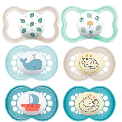 Image of MAM Air and Original Day &amp; Night Silicone Dummies, 6 16 Months, Pack of 6: 2 x Night; Day;