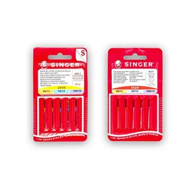 Image of Singer Pack of 2 Packages Needles for Universal Sewing Machines and Knitting (and Elastic) 2020 2045 (822R 848R) Assorted Thicknesses System 130/705 H