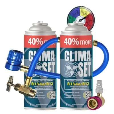 Image of ClimaSet Replacement of R134a refrigerant gas 2x235 g for air conditioning with Hose, Pressure Gauge and HP/LP Adapter Car recharge ECO