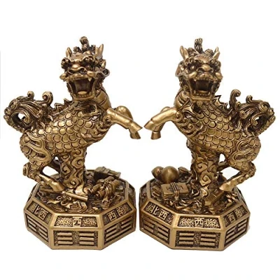 Image of Chi lin Feng Shui A Pair of Resin Statues Qilin/Chinese Kylin Guardian W4241
