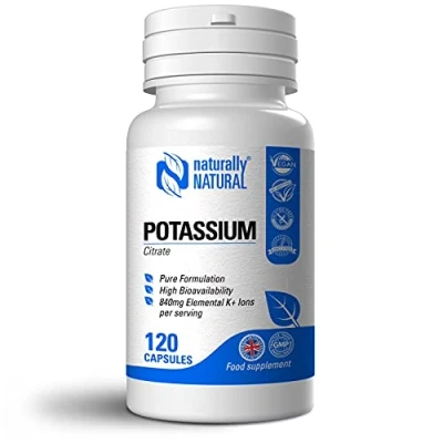 Image of Naturally Natural Potassium Citrate 120 Vegan Capsules High Dose 840mg Elemental K+ Ions per Daily Serving (42% DV), Pure Formulation for Leg Cramps, Blood Pressure and Electrolyte Balance