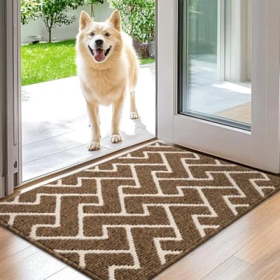 Image of Biscpro Indoor Door Mats,50x80cm Mat Non Slip Backing,Dirt Trapper Absorbent Doormat for Entrance,Inside,Kitchen,Front Back Door,Pets and Garden Brown