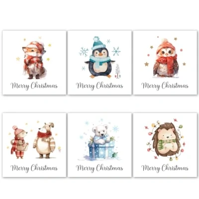 Image of Papa Prints® Cute Animal Christmas Cards Multipack (145 x 150 mm) Xmas Packs of 24 Watercolour Childrens Pack with Envelopes for Kids