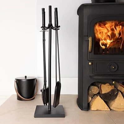 Image of Charles Bentley Snug Redbud Fireside Companion Set Iron Tool Stand Handles Poker Tongs Shovel Natural Coco Fibers Brush