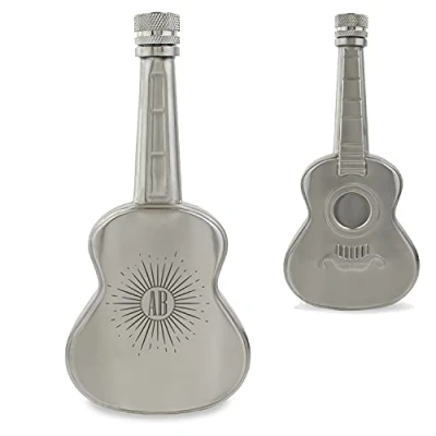 Image of Personalised Engraved Silver 5oz Guitar Hip Flask with Sunburst Design, Personalise Any Initials