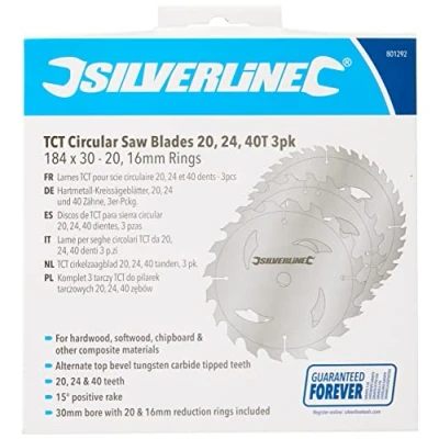 Image of Silverline TCT Circular Saw Blades 20, 24, 40T 3pk 184 x 30 16mm Rings