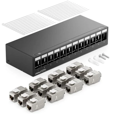 Image of deleyCON 12 Port Patch Panel Set Field Distribution 1HE + 4x RJ45 Keystone Jack Modules STP CAT6a Compatible with CAT5 CAT6 CAT7 Installation Cable Network Ethernet LAN DSL Black