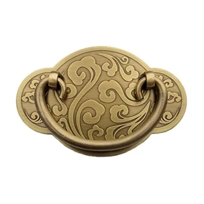 Image of Tiazza Vintage Round Pure Copper Embossing Drawer Wardrobe Pulls Heavy Duty Antique Brass Handle
