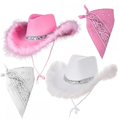 Image of Adult Ladies 2 PACK: Includes 1 x Pink and White Marabou Feather Cowgirl Hat PLUS Bandana : Wild West Cowboy Hen Night Fancy Dress Accessory