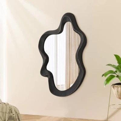 Image of Irregular Mirror Modern Cloud Wall Asymmetrical Wooden Framed Mounted Unique Shape Vanity Artistic Decor for Bedroom Living Room Bathroom Entryway Rustic Black