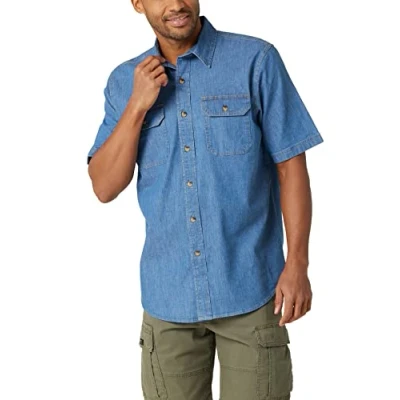 Image of Wrangler Authentics Men&#039;s Short Sleeve Classic Woven Shirt Button, Mid Wash, S