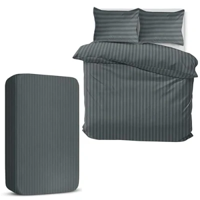 Image of MOONLIGHT20015 Double Duvet Set 4 Piece Satin Stripe Cover Sets Soft Brushed Microfiber Bedding with Fitted Sheet &amp; 2 Pillow Cases (Charcoal, 200x200 cm)