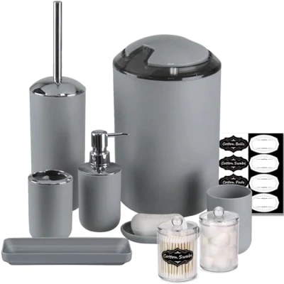 Image of IMAVO Bathroom Accessory Set 8 Pcs Grey Accessories with Trash Can, Soap Dispenser, Dish, Toothbrush Holder, Cup, Toilet Brush Qtip Holder Dispenser Labels