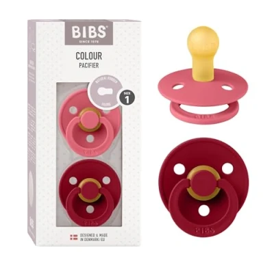 Image of BIBS Colour Soother 2 Pack, BPA Free Dummy Pacifier, Round Nipple. Natural Rubber Latex, Size 1 (0 6 Months), Coral/Ruby