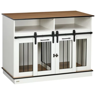Image of PawHut Dog Crate Furniture for Small and Large Dogs w/Movable Divider, Cage End Table with Shelves, Sliding Doors, 120 x 60 88.5cm, White