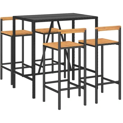 Image of vidaXL 5 Piece Garden Bar Set Black Poly Rattan&amp; Solid Wood Acacia