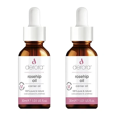 Image of Derora Rosehip Oil Nourishes Skin, Hair &amp; Nails 100% Pure Natural Cold Pressed Unrefined Antioxidant Vitamin A, C E Rich All Skin Types Vegan Cruelty Free (30ml x2)