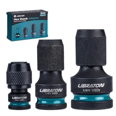 Image of LIBRATON Impact to 1/4 Hex Converter, 1/2 3/8 Inch Drive Female Adapter, Wrench Adapters for Ratchet Drivers, Bit Holders, Quick Change Chuck, Cr Mo Steel
