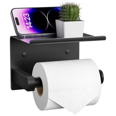 Image of ARSUK Toilet Roll Holder Wall Mounted Tissue Self Adhesive, Black, Paper Stick on for Bathroom, Washroom &amp; Kitchen, Stainless Steel (Black Coated)