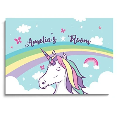 Image of RED OCEAN Girls PERSONALISED Unicorn Bedroom Door Sign Framed Print Birthday Daughter (A4 Only Rainbow Room)