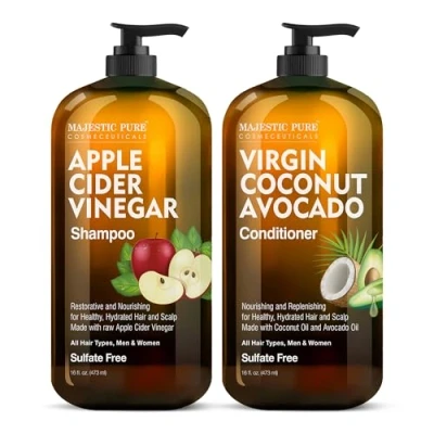 Image of MAJESTIC PURE Apple Cider Vinegar Shampoo and Avocado Coconut Conditioner Set Restores Shine &amp; Reduces Itchy Scalp, Dandruff Frizz Sulfate Free, for All Hair Types, Men Women 2 x 16 fl oz