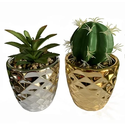 Image of Leaf Set of Two Ceramic Planters with Artificial Succulent Plants, Silver and Gold, 15cm