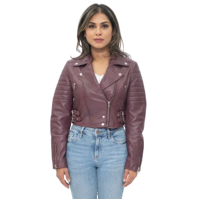 Image of Ladies Cropped Jacket Short Body Gothic Top Burgundy Chic Biker REAL LEATHER 5XL