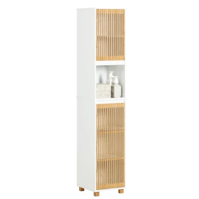 Image of Tall Cupboard Bathroom Cabinet with 2 Bamboo Slatted Doors,BZR127 W Sobuy