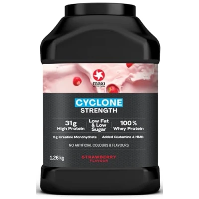 Image of MaxiNutrition Cyclone, Strawberry Premium Whey Protein Powder with Added Creatine Low in Sugar and Fat, Vegetarian Friendly 31g Protein, 205 kcal per Serving, 1.26kg