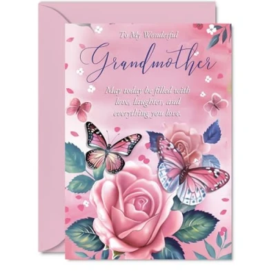 Image of Grandmother Birthday Card Pink Rose Butterfly Beautiful Happy for from Granddaughter Grandson, 5x7 Inch Female Floral Bday Mothers Day Greeting Cards