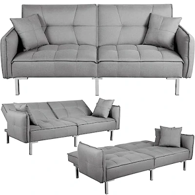 Image of Yaheetech Fabric Sofa Bed 3 Seater Click Clack Couch Recliner Settee for Living Room/Bedroom with Arms&amp;2 Cushions Grey
