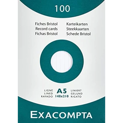 Image of Exacompta Ref 13808B Bristol Ruled Record Card (Pack of 100) A5 in Size, 205gsm Card, Compatible with Printers Suitable for Exam Revision &amp; Notes White