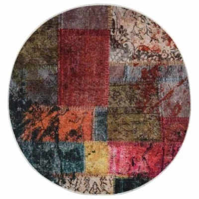 Image of vidaXL Round Velvet Rug Washable Patchwork Design 120 cm Diameter Multicolour Noise Absorbing and Anti Slip Durable Low Maintenance