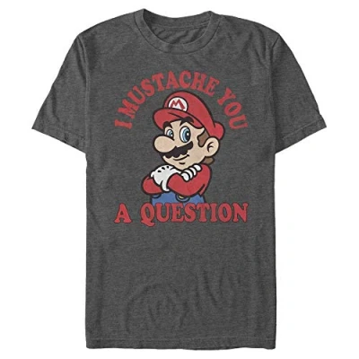 Image of Nintendo Men&#039;s Super Mario I Mustache You a Question Poster T Shirt, Char HTR, Large