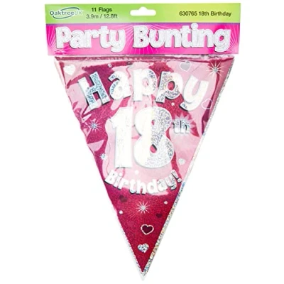 Image of Party Bunting Happy 18th Birthday Pink Holographic 11 flags 3.9m