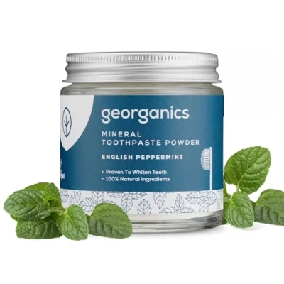Image of Georganics Mineral Toothpaste Powder Peppermint Stain Removing &amp; Teeth Whitening 100% Natural SLS, Glycerine Fluoride Free Certified Cosmos Natural, Vegan and Cruelty 120ml