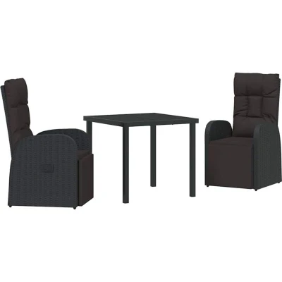 Image of vidaXL 3 Piece Garden Dining Set with Cushions Black Poly Rattan