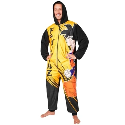 Image of Dragon Ball Z Mens Fleece Onesie with Hood, Comfy Loungewear Anime Gifts for Him (Black/Yellow, 3XL)