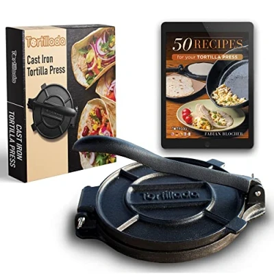 Image of Tortillada Tortilla Press, Quesadilla/Roti Maker (20 cm) Cast Iron with Recipes E Book &quot;50 Recipes&quot;