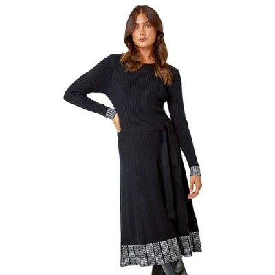 Image of Roman Originals Ribbed Stretch Knit Border Print Dress for Women UK Ladies Everyday Autumn Winter Round Neckline Comfy Soft Evening Vacation Work Party Night Out Black Size 18