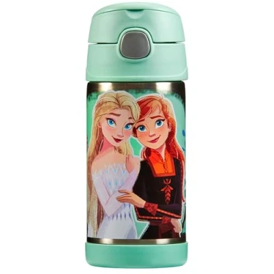Image of Thermos Disney Princesses Water Bottle (355ml) BPA Free, Stainless Steel, Spill Proof, Pop Up Straw, Kids Flask with Personalised Name Labels &amp; Carry Handle for 12 Hour Cold Drinks