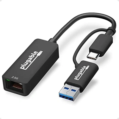 Image of Plugable 2.5G USB C and to Ethernet Adapter, 2 in 1 Adapter Compatible with Thunderbolt 3 or 3.0, RJ45 2.5 Gigabit LAN Ethernet, Mac Windows