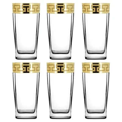 Image of Roman Deluxe Highball Glasses Set of 6/ Drinking Glasses/ Clear Coctail with Gold Wide Patterned Rim/ Water Juice Tumblers/ 310ml/ Gift for Women and Men (Greek Pattern)
