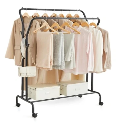 Image of SONGMICS Clothes Rail, Rack, Double Hanging Heavy Duty Metal Frame, with Wheels and Shelf, 100 kg Total Max. Load, 103.5 cm Wide, Clothing Storage, Black HSR107B01