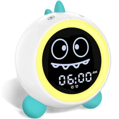 Image of DINOTIME Kids Alarm Clock, Toddler Sleep Training Clock with Sound Machine, Night Lights, Ok to Wake Dinosaur Gift Ideas for Child (Green)