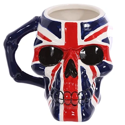 Image of Puckator UK Flag Skull Head Ceramic Shaped Tea Coffee Mug Funny Home Accessories Cute Gifts for Girlfriend Large Mugs Men Women Hot Drinks Cups Presents Secret Santa Gift Cup Set