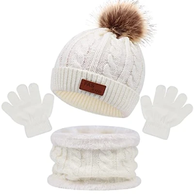 Image of 3Pcs Kids Winter Beanie Hat Scarf Gloves Set for 1 5 Years Old Boys Girls. Accessories Sets Children Outdoor Sports, Knit Thick Warm Fleece Lined Thermal (White)